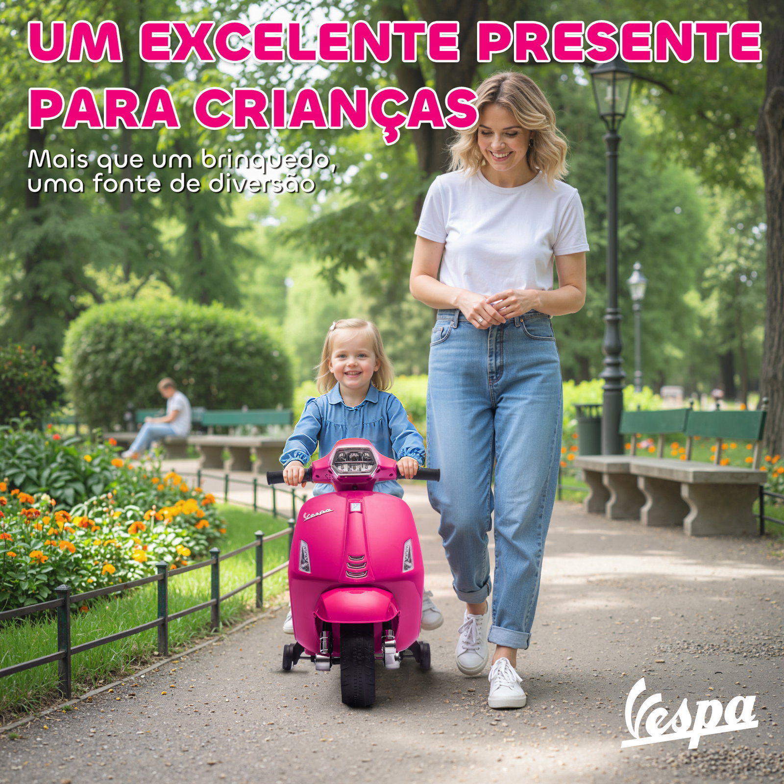 Mota elétrica para crianças 6v com licença vespa rodas auxiliares velocidade de 2,5km/h farol e buzina 71x37x52 cm rosa