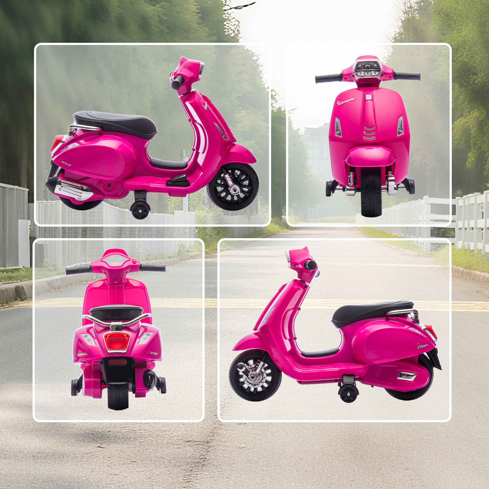 Mota elétrica para crianças 6v com licença vespa rodas auxiliares velocidade de 2,5km/h farol e buzina 71x37x52 cm rosa