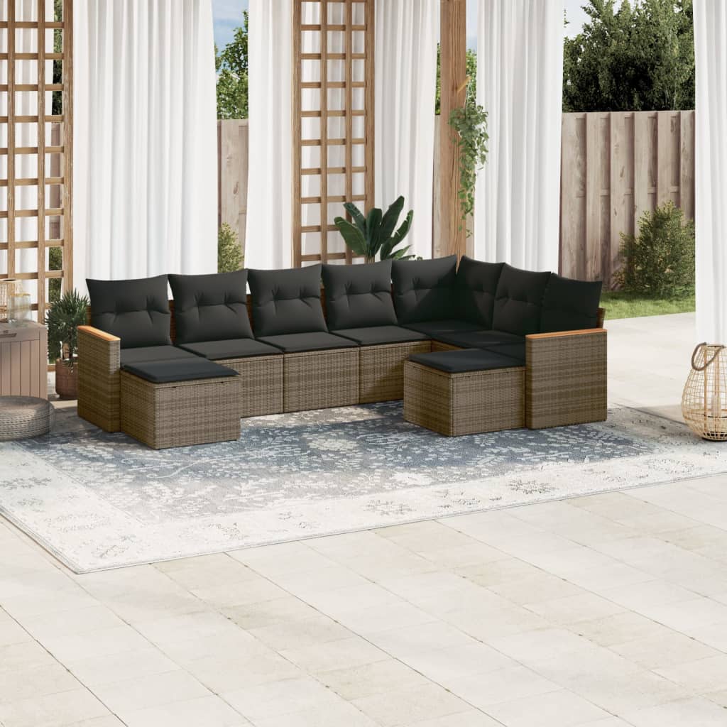9 Pcs conjunto sofás p/ jardim com almofadões vime PE cinzento
