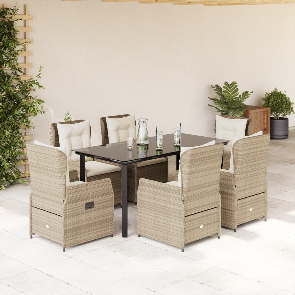 7 Pcs conjunto de jantar p/ jardim com almofadões vime PE bege