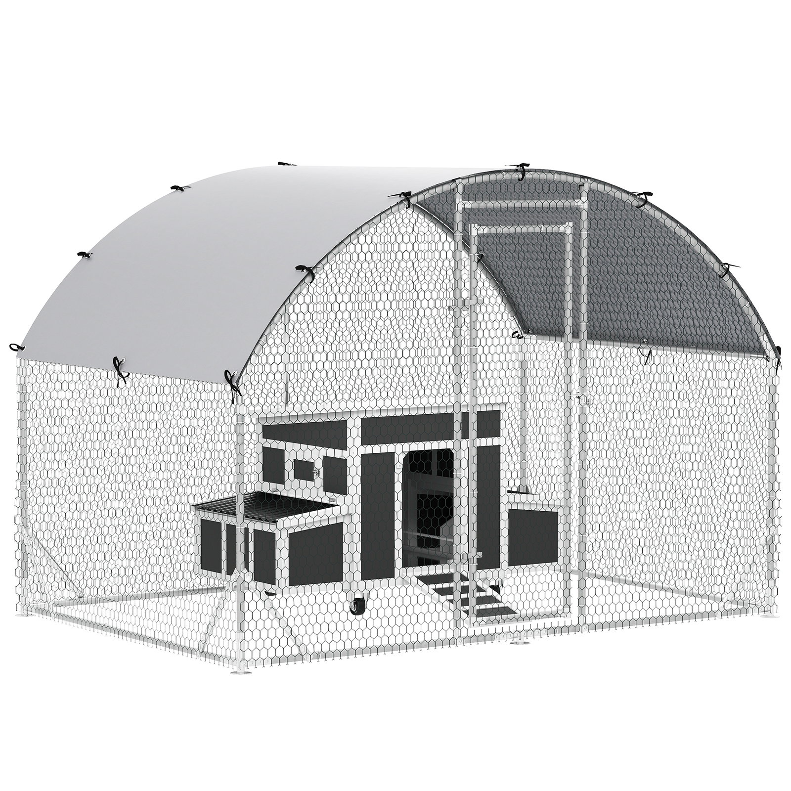Conjunto de 1 galinheiro de madeira 147x93,5x89,5 cm e 1 galinheiro grande em aço galvanizado 280x190x197 cm cinza