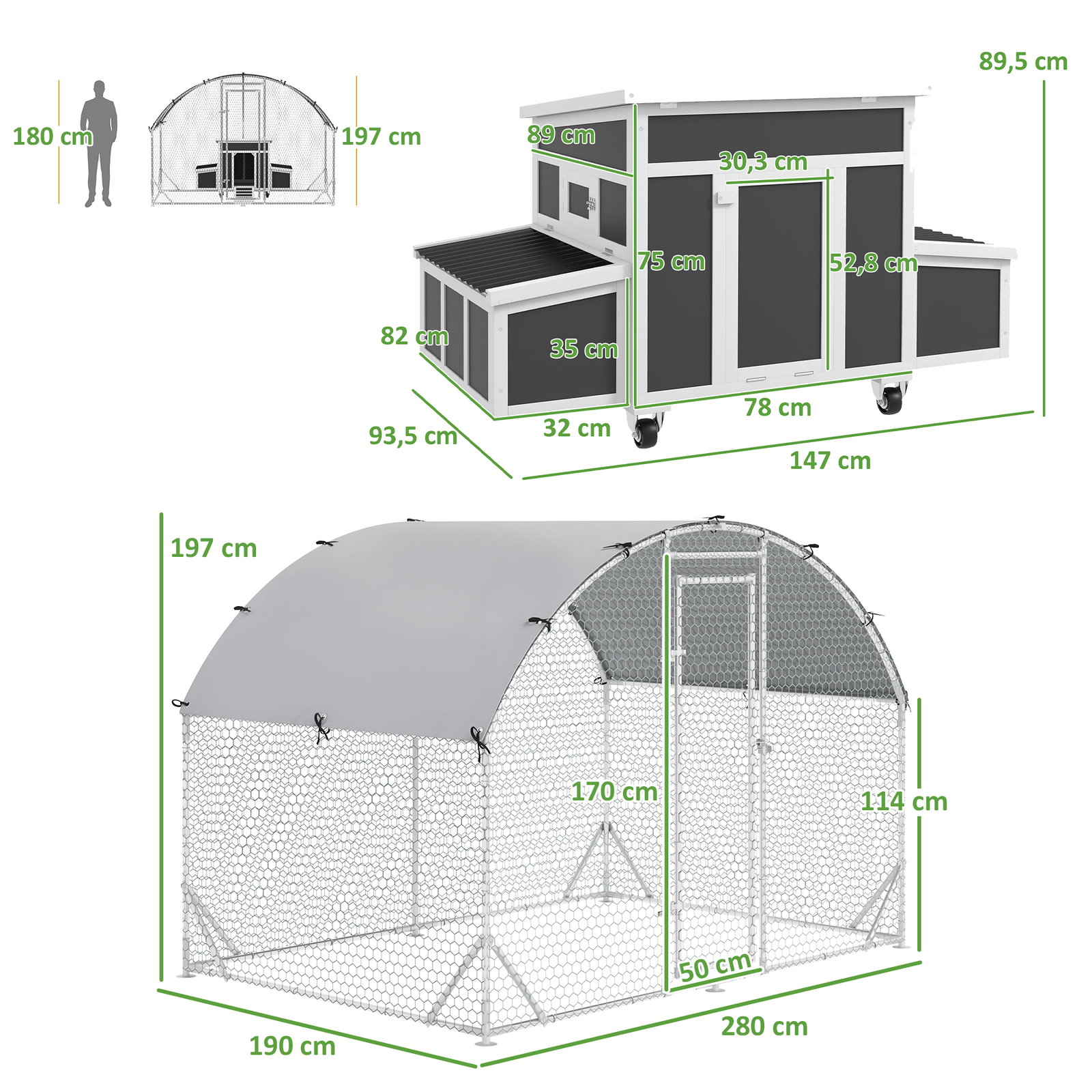 Conjunto de 1 galinheiro de madeira 147x93,5x89,5 cm e 1 galinheiro grande em aço galvanizado 280x190x197 cm cinza