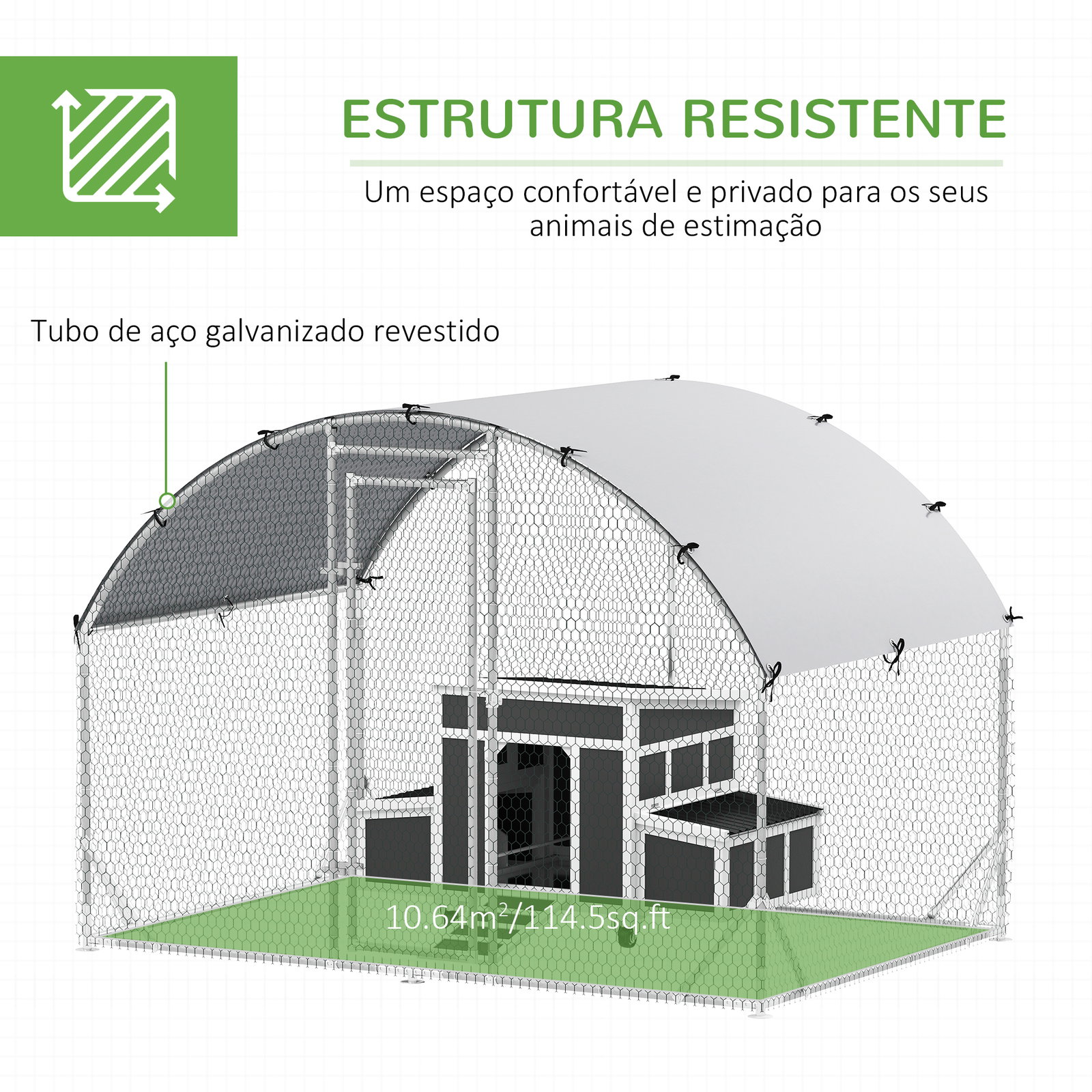 Conjunto de 1 galinheiro de madeira 147x93,5x89,5 cm e 1 galinheiro grande em aço galvanizado 280x190x197 cm cinza