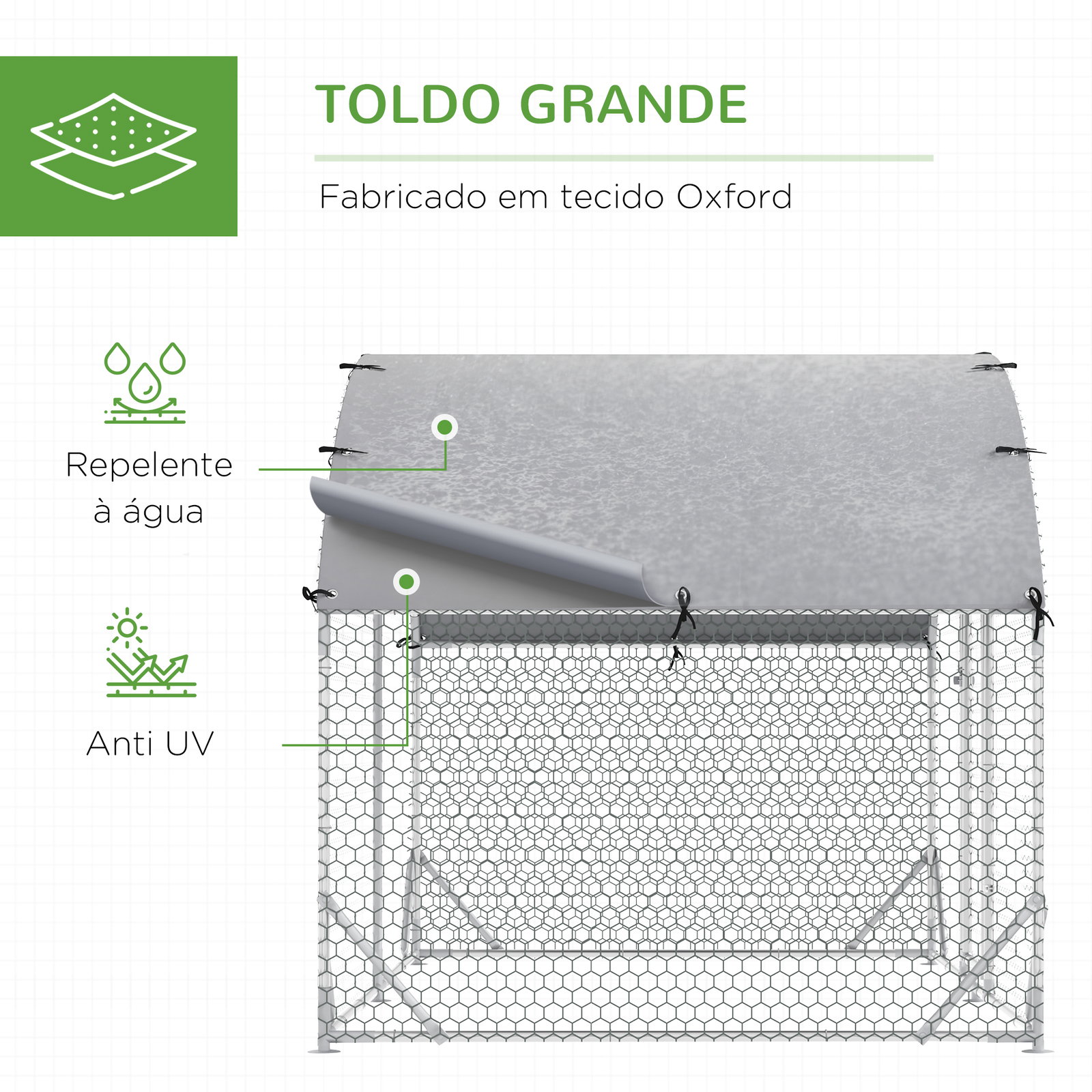 Conjunto de 1 galinheiro de madeira 147x93,5x89,5 cm e 1 galinheiro grande em aço galvanizado 280x190x197 cm cinza