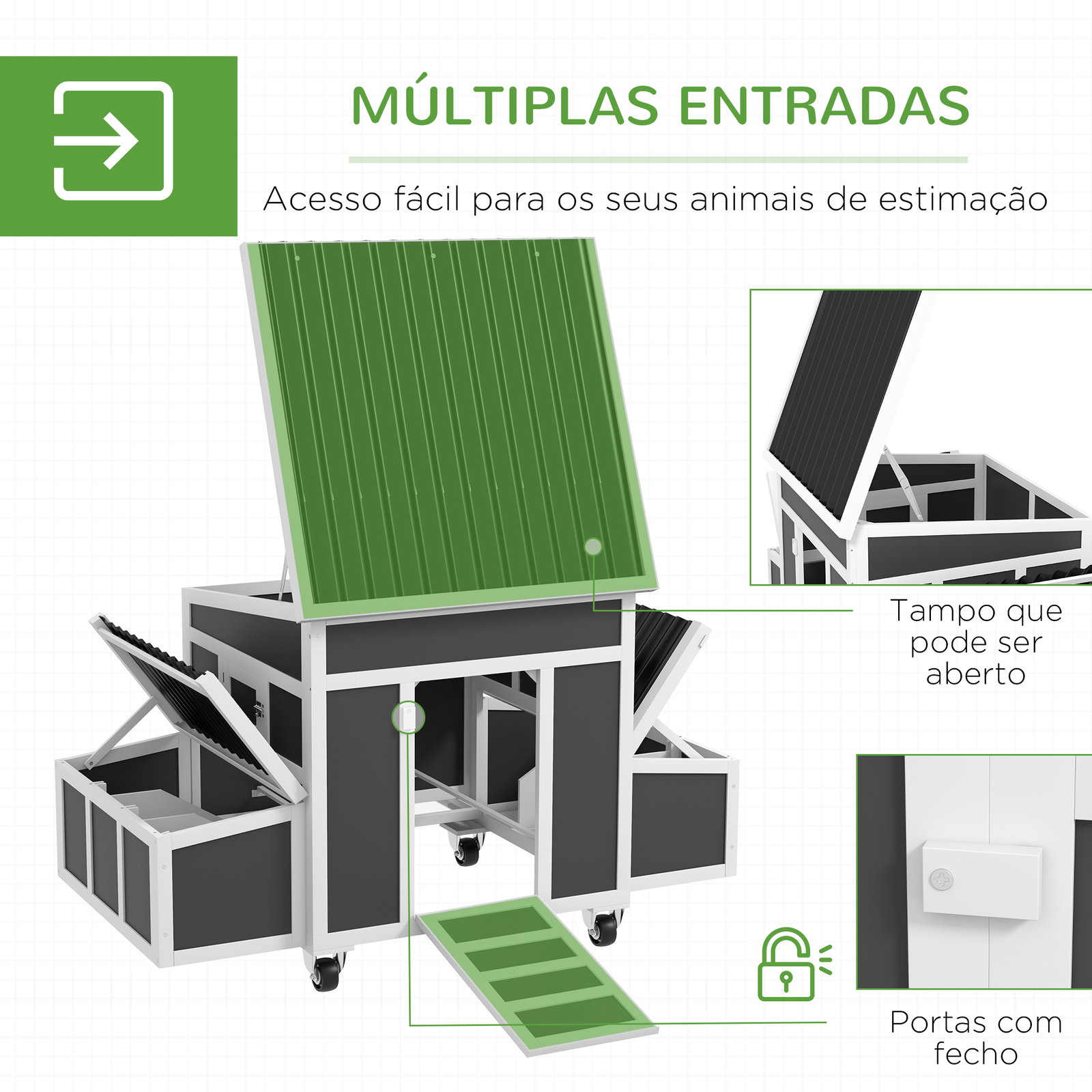 Conjunto de 1 galinheiro de madeira 147x93,5x89,5 cm e 1 galinheiro grande em aço galvanizado 280x190x197 cm cinza