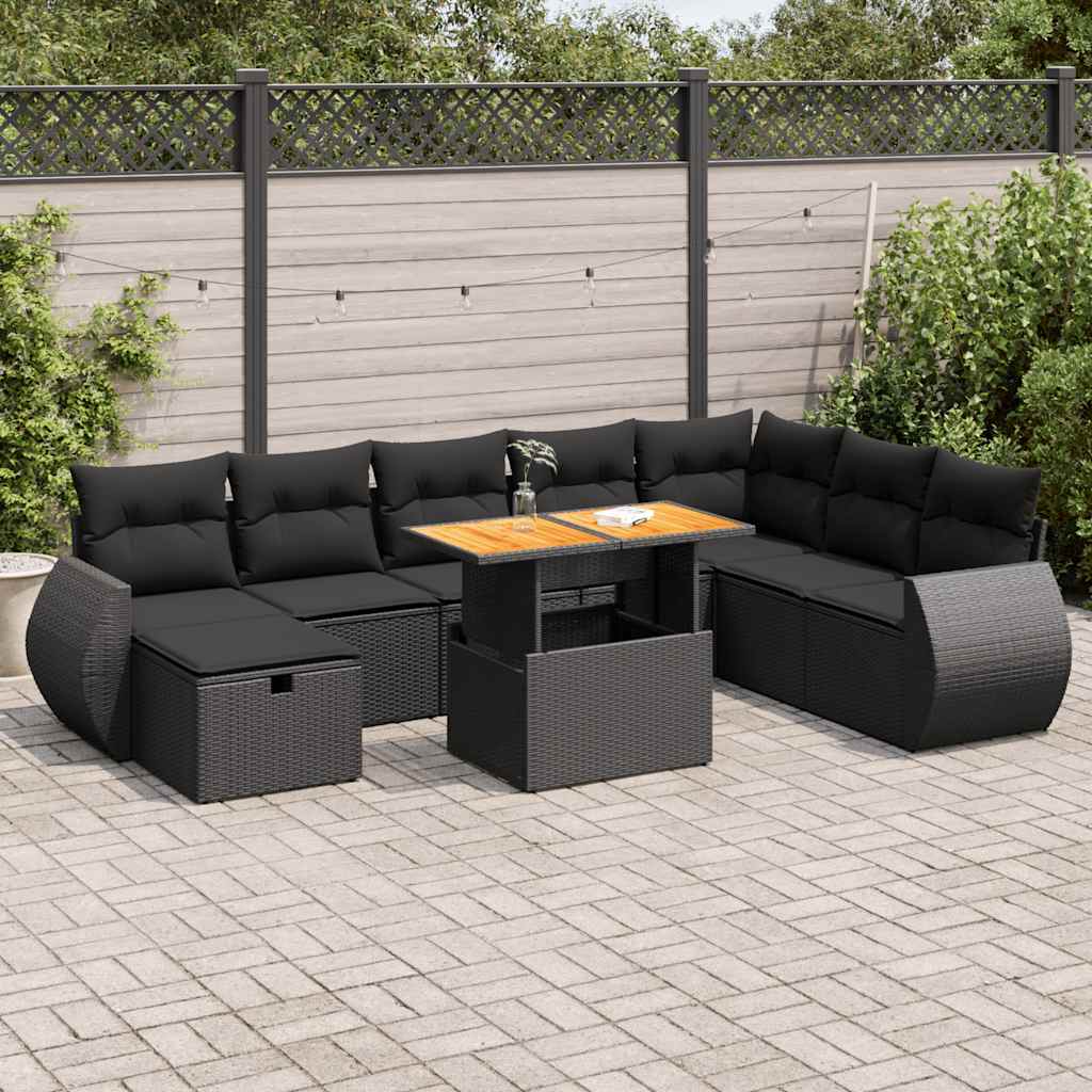 9 Pcs conjunto sofás p/ jardim almofadões vime PE/acácia preto
