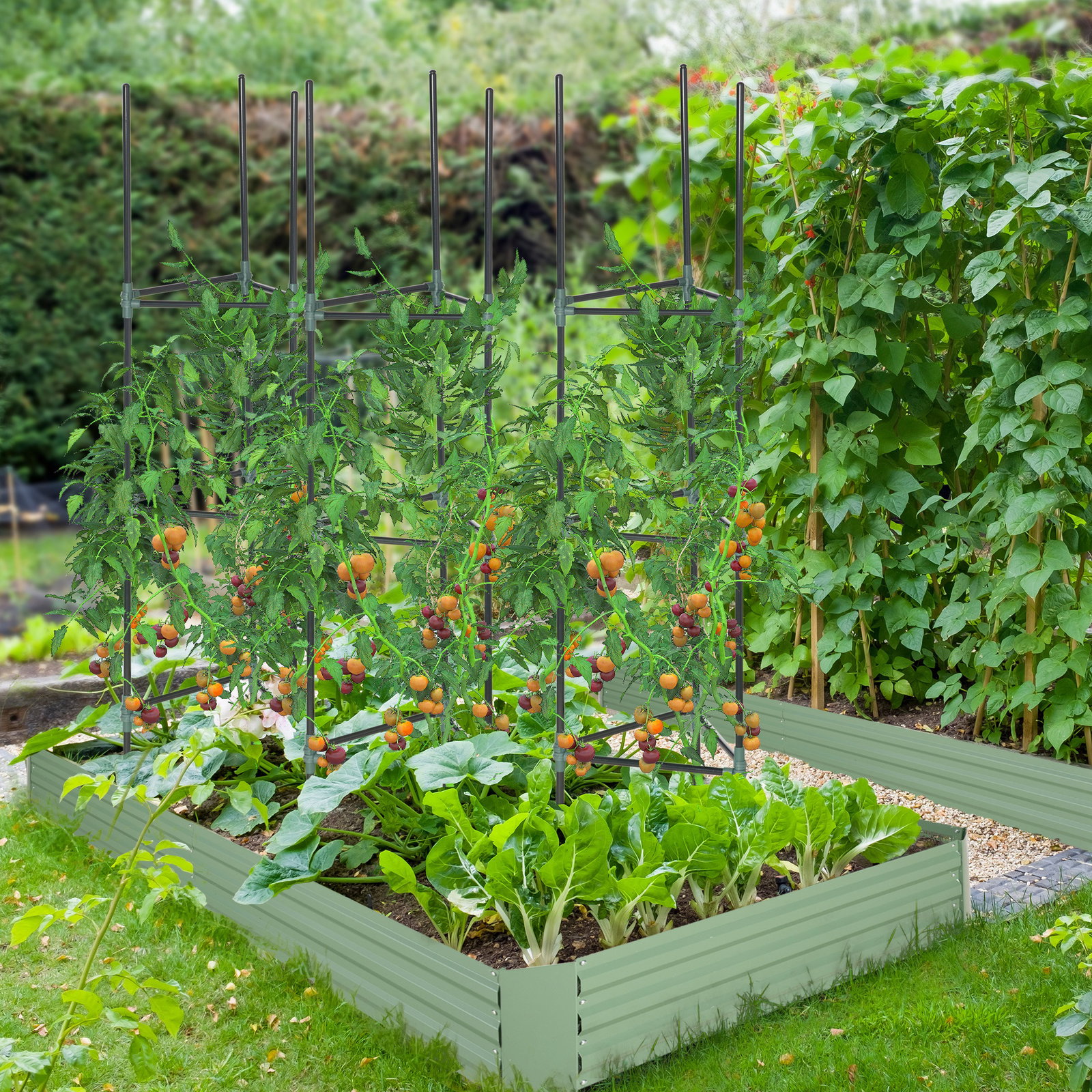 Conjunto de 3 suportes para plantas trepadeiras torre de treliça para plantas frutas verduras 38x38x182 cm verde