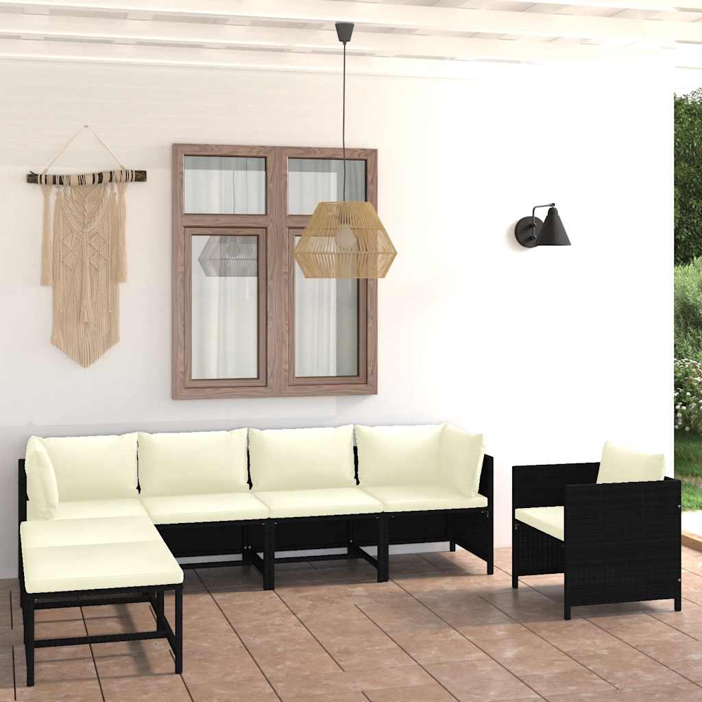 7 Pcs conjunto lounge de jardim c/ almofadões vime PE preto