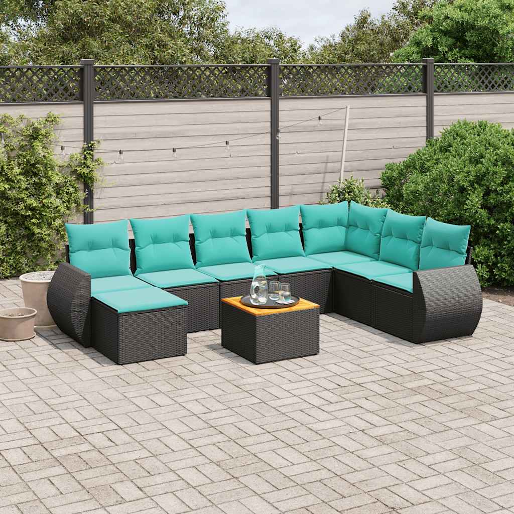 Conjunto de sofá de jardim de 9 peças com almofadas em rattan sintético preto