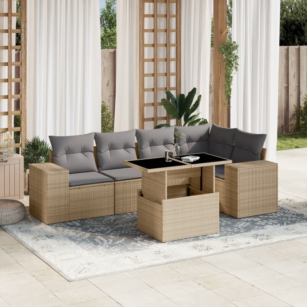 6 Pcs conjunto de sofás p/ jardim com almofadões vime PE bege