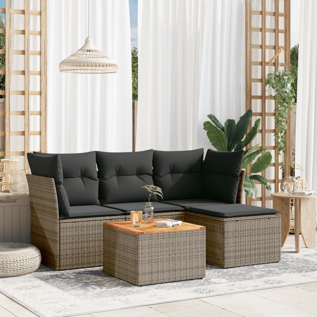 5 Pcs conjunto sofás de jardim c/ almofadões vime PE cinzento