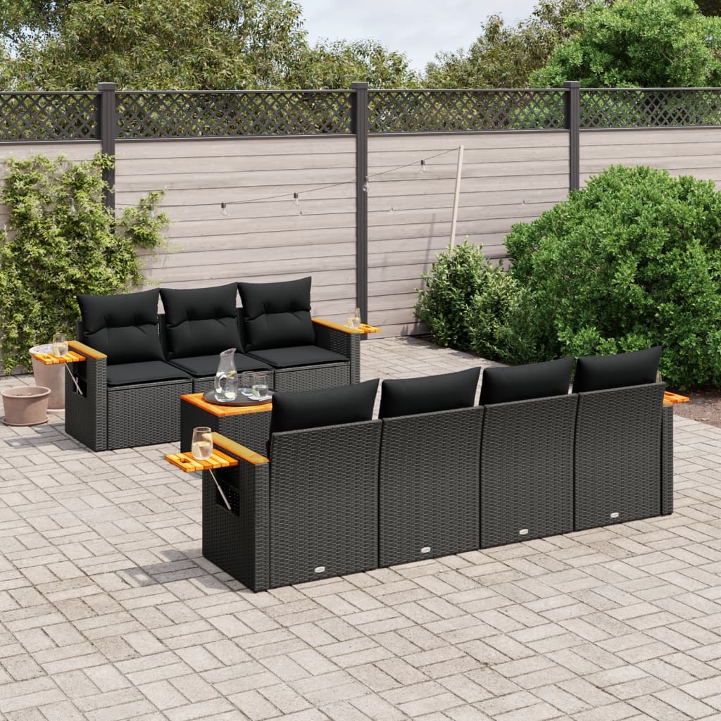 8 Pcs conjunto sofás de jardim com almofadões vime PE preto