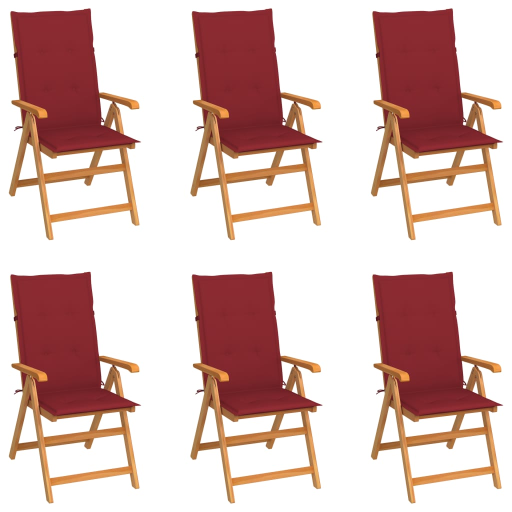 Cadeiras de jardim almofadões vermelho tinto 6 pcs teca maciça