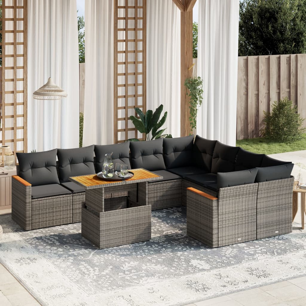 10 Pcs conjunto sofás de jardim c/ almofadões vime PE cinzento