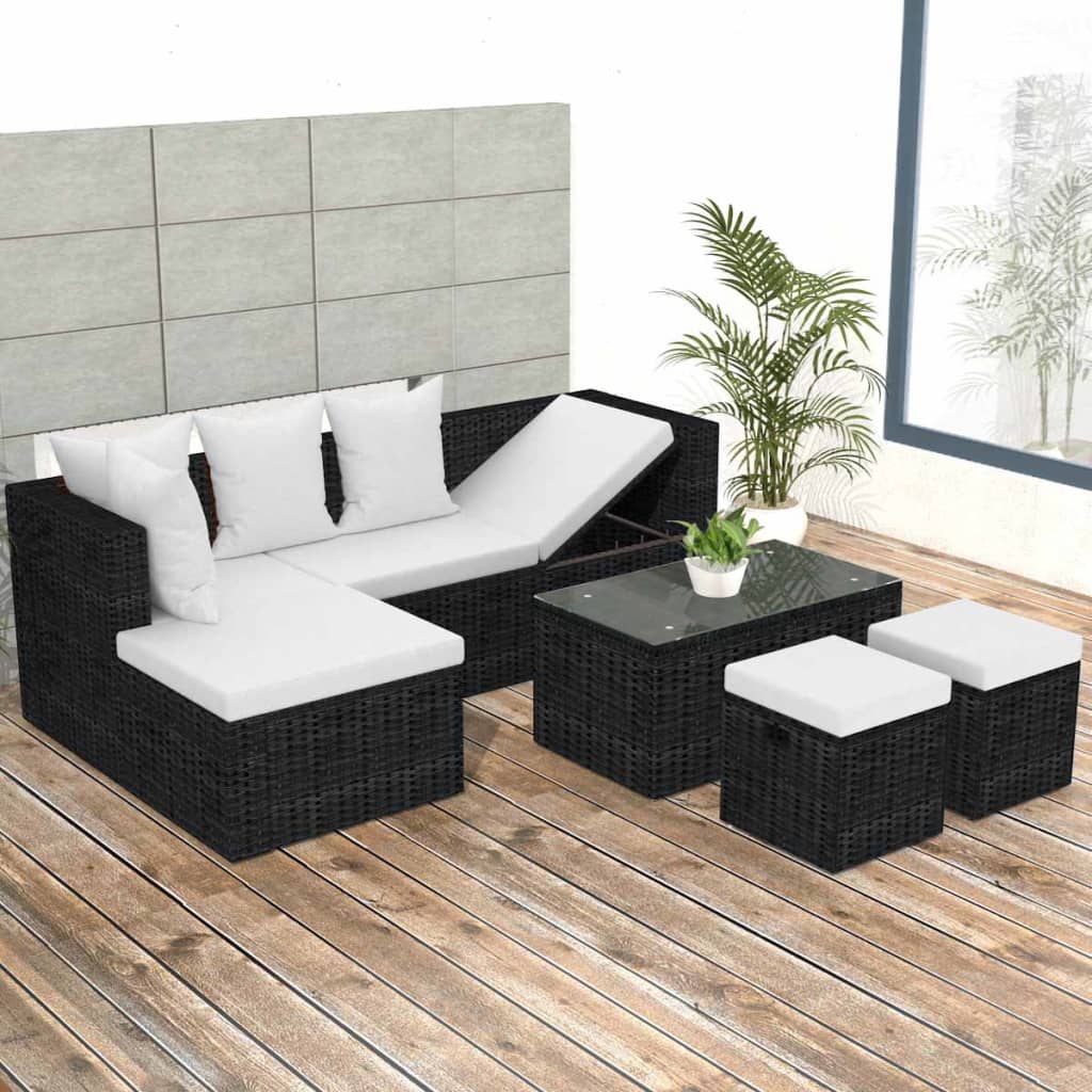 4 Pcs conjunto lounge de jardim c/ almofadões vime PE preto