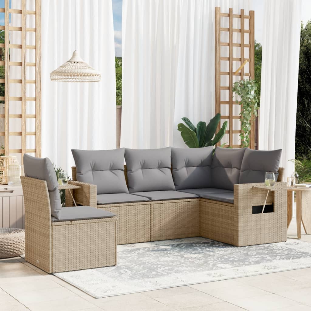 5 Pcs conjunto de sofás p/ jardim com almofadões vime PE bege