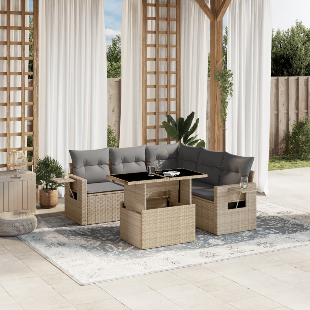 6 Pcs conjunto de sofás p/ jardim com almofadões vime PE bege
