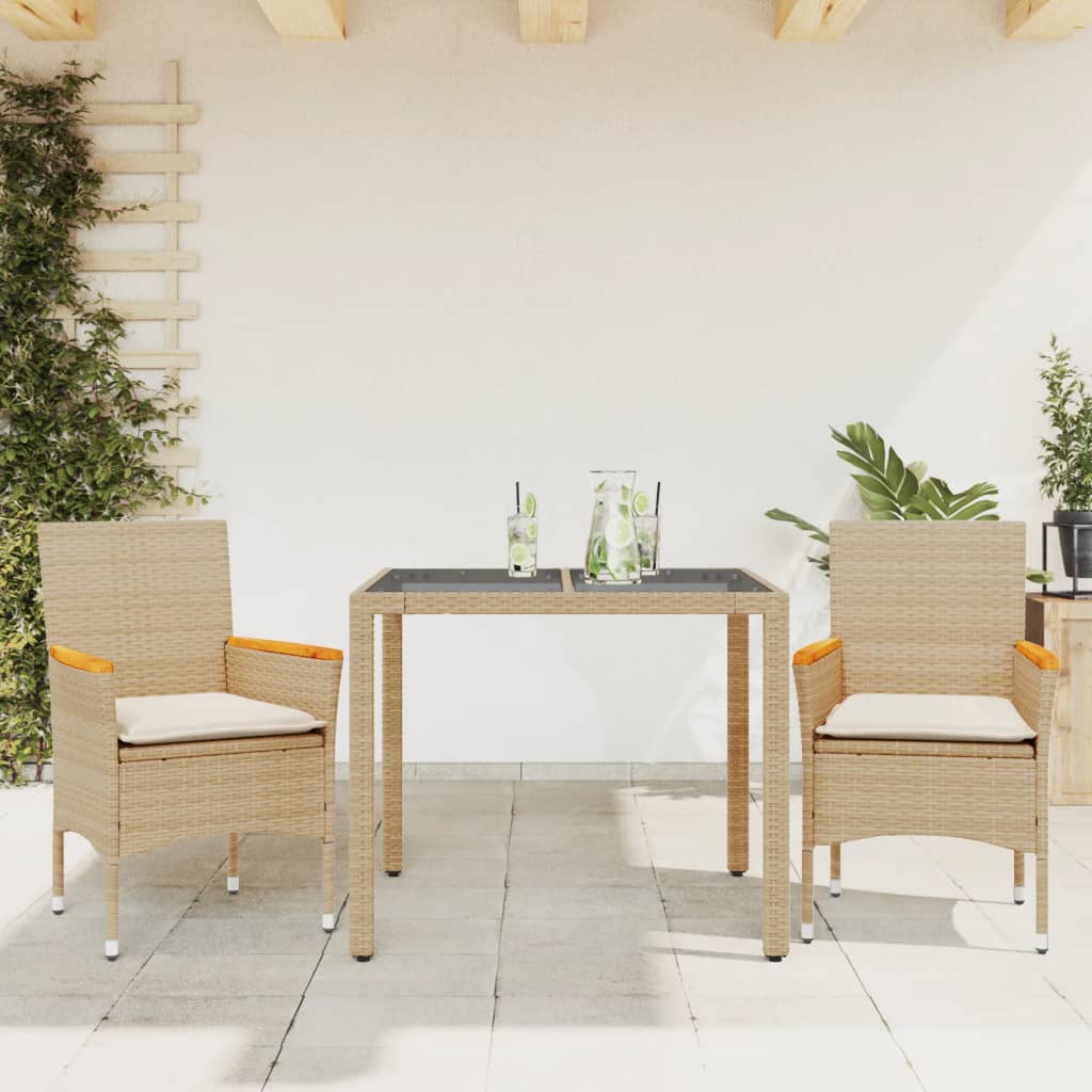 3 Pcs conjunto jantar jardim com almofadões vime PE/vidro bege
