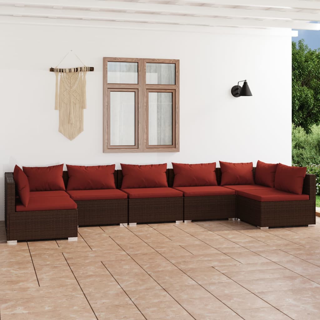 7 Pcs conjunto lounge jardim c/ almofadões vime PE castanho