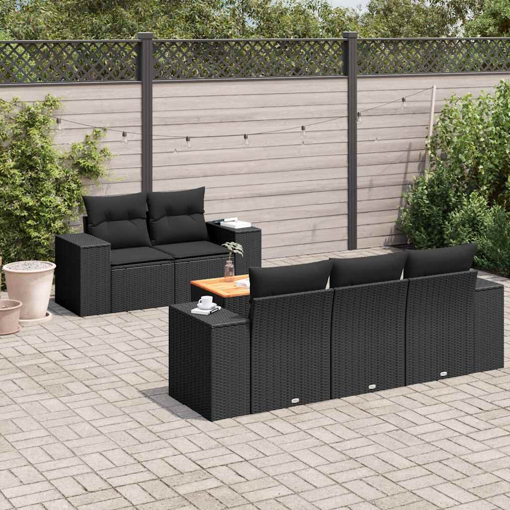 6 Pcs conjunto sofás de jardim c/ almofadões vime PE preto