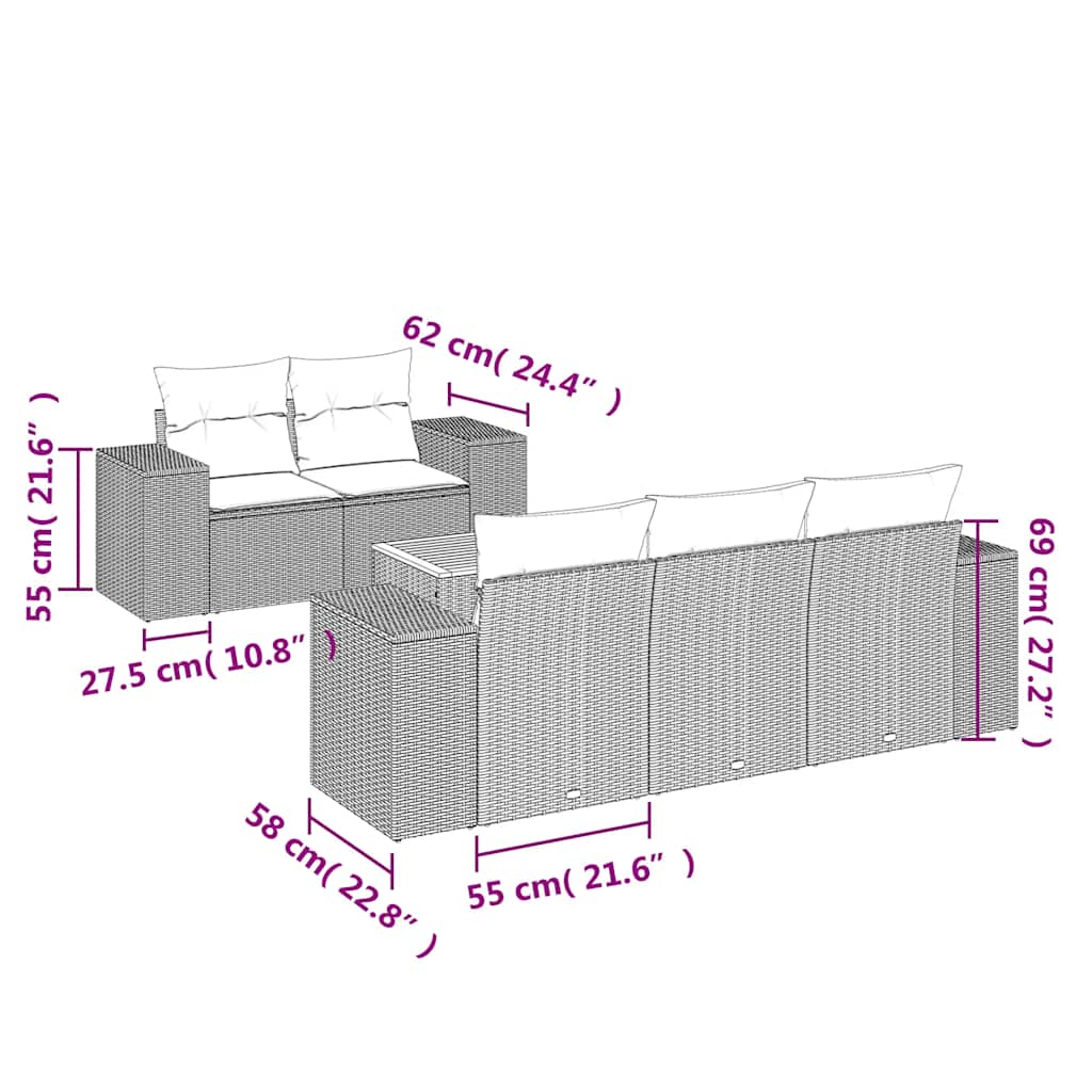 6 Pcs conjunto sofás de jardim c/ almofadões vime PE preto