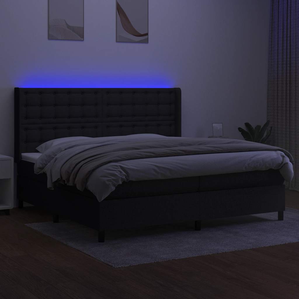 Cama box spring c/ colchão e LED 200x200 cm tecido preto