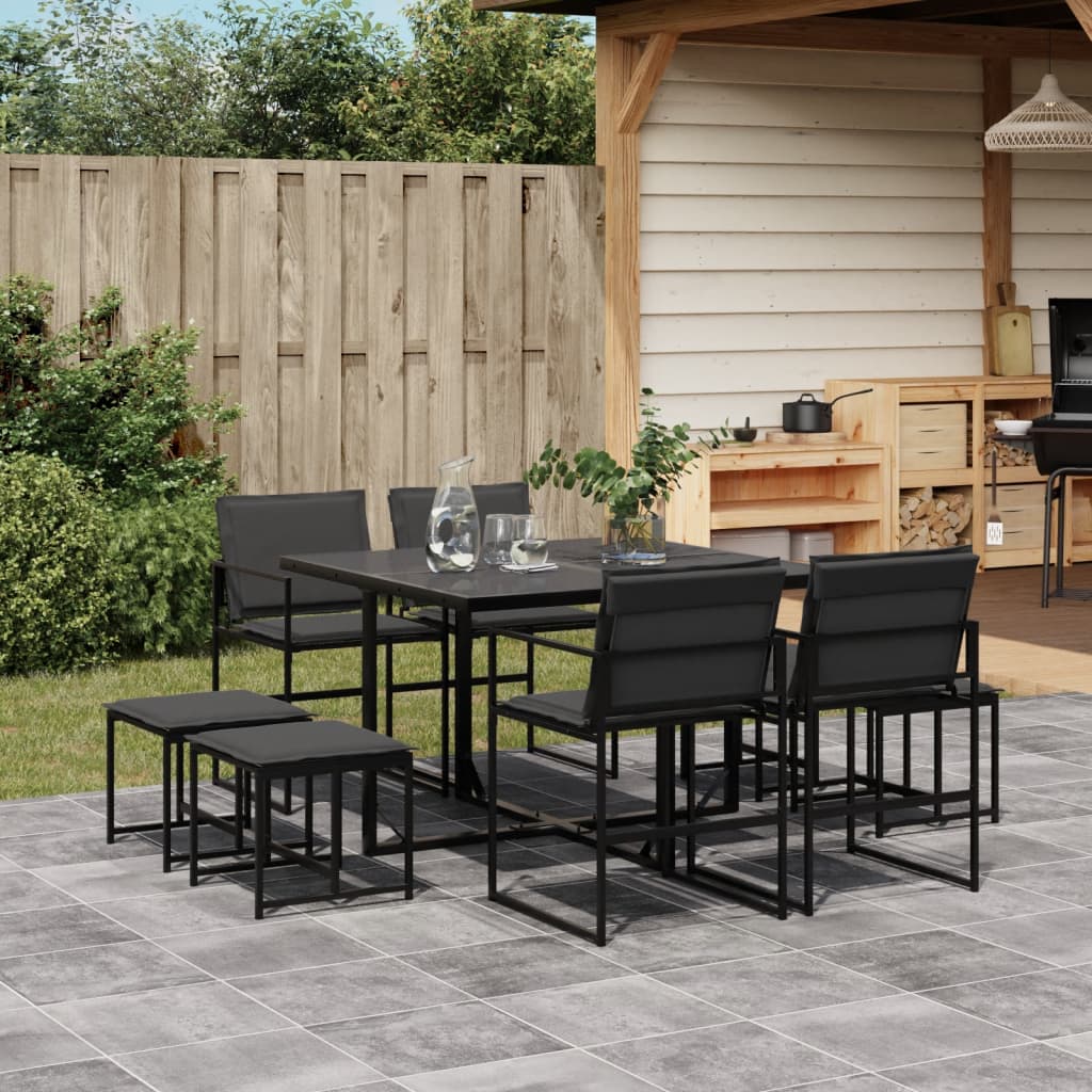 9 Pcs conj. de jantar para jardim c/ almofadões textilene preto