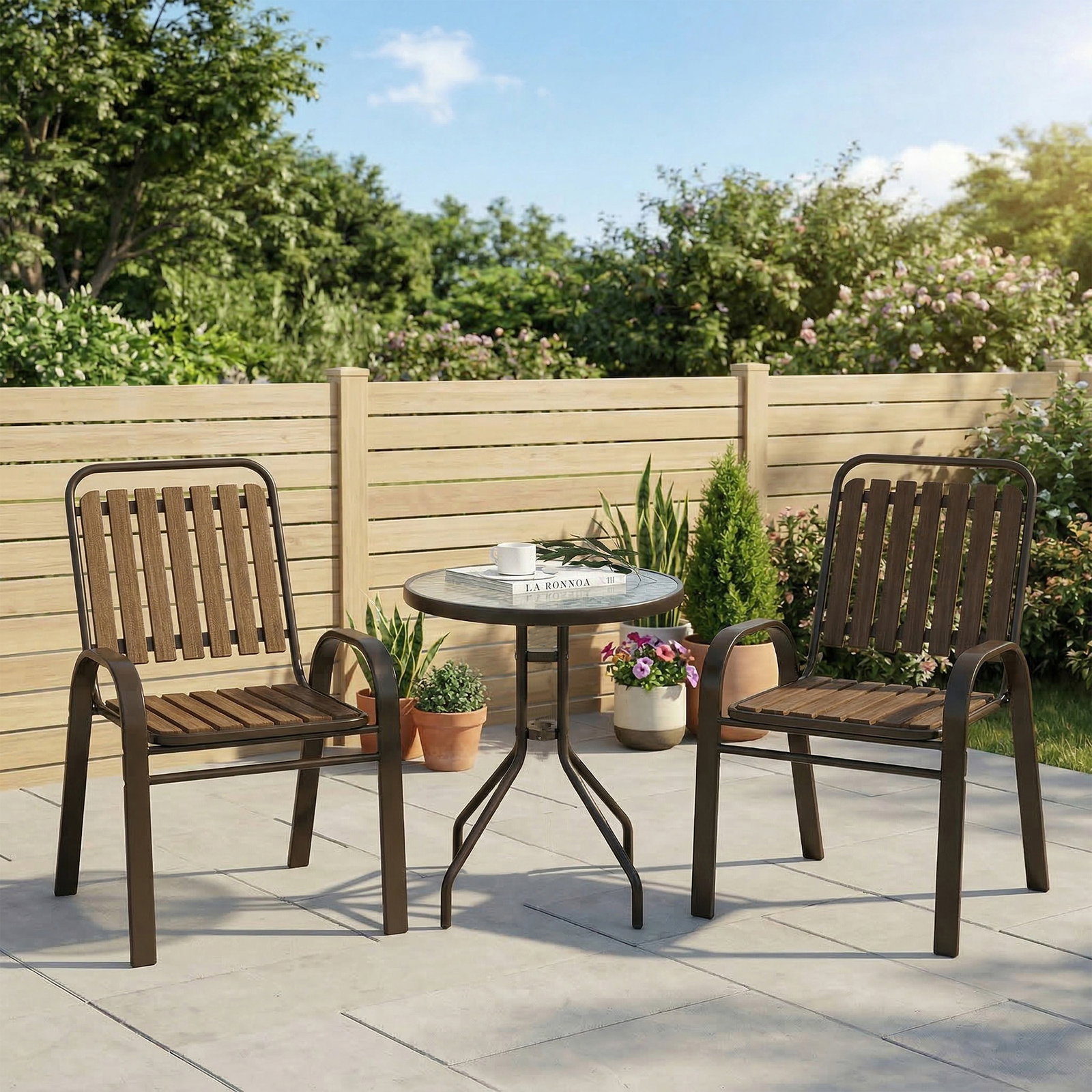 Conjunto de jardim de 3 peças com 2 cadeiras empilháveis mesa com bancada de vidro temperado marrom escuro