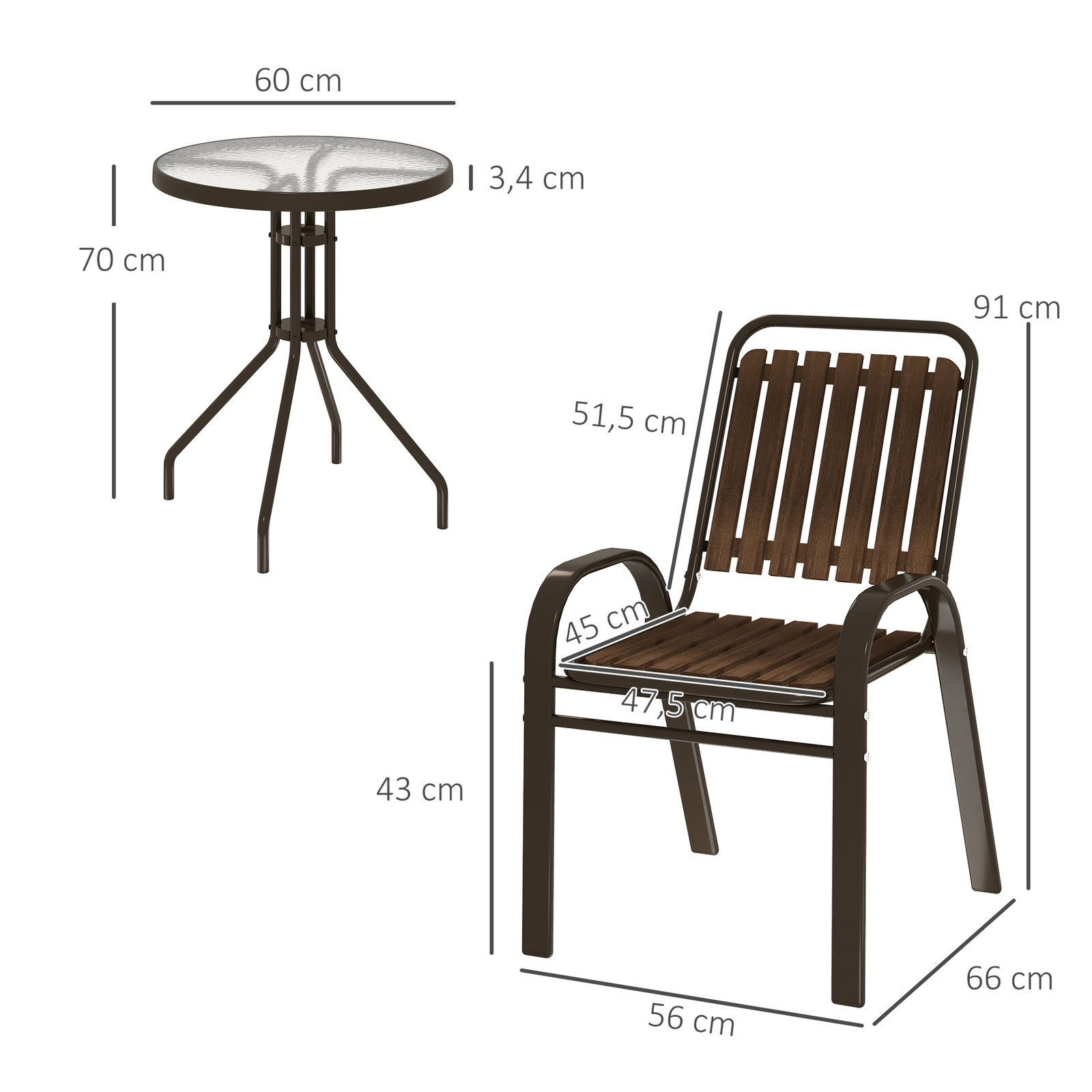 Conjunto de jardim de 3 peças com 2 cadeiras empilháveis mesa com bancada de vidro temperado marrom escuro