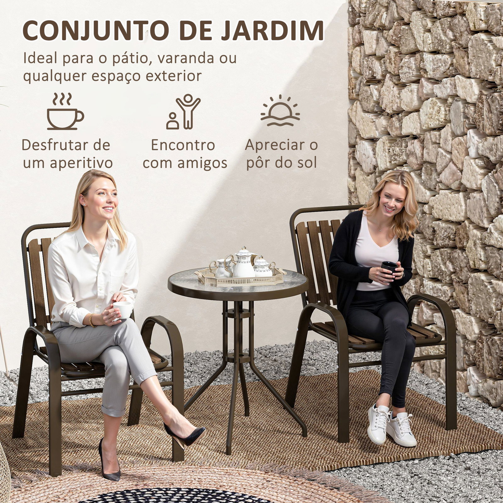 Conjunto de jardim de 3 peças com 2 cadeiras empilháveis mesa com bancada de vidro temperado marrom escuro