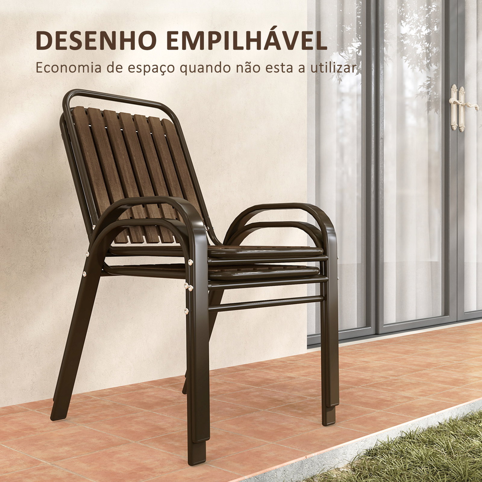 Conjunto de jardim de 3 peças com 2 cadeiras empilháveis mesa com bancada de vidro temperado marrom escuro