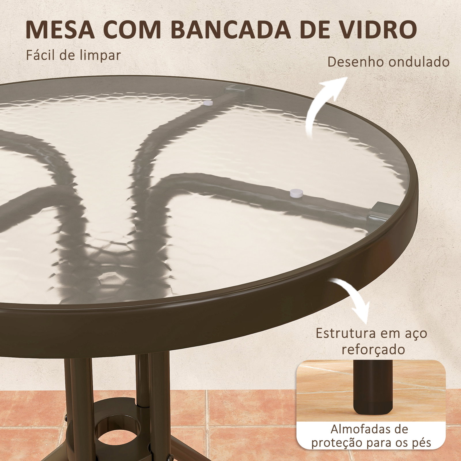 Conjunto de jardim de 3 peças com 2 cadeiras empilháveis mesa com bancada de vidro temperado marrom escuro
