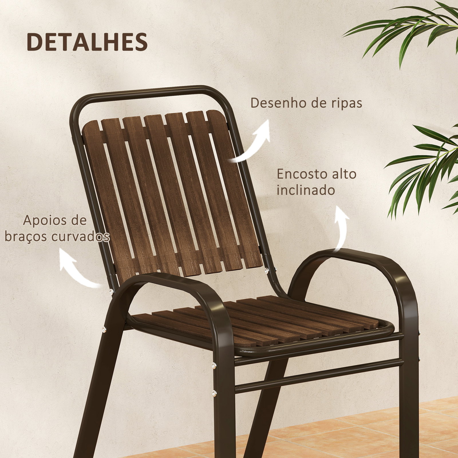 Conjunto de jardim de 3 peças com 2 cadeiras empilháveis mesa com bancada de vidro temperado marrom escuro