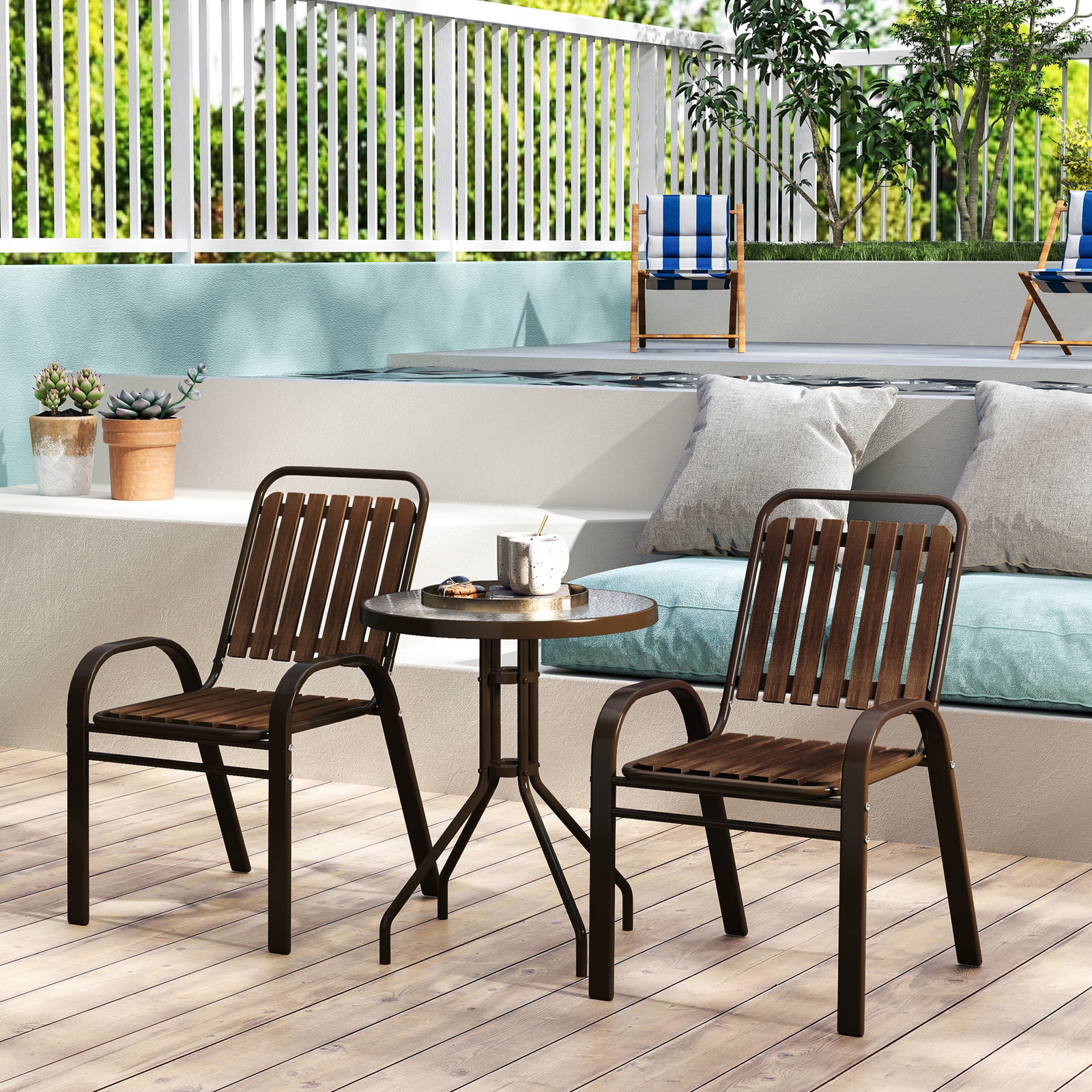 Conjunto de jardim de 3 peças com 2 cadeiras empilháveis mesa com bancada de vidro temperado marrom escuro