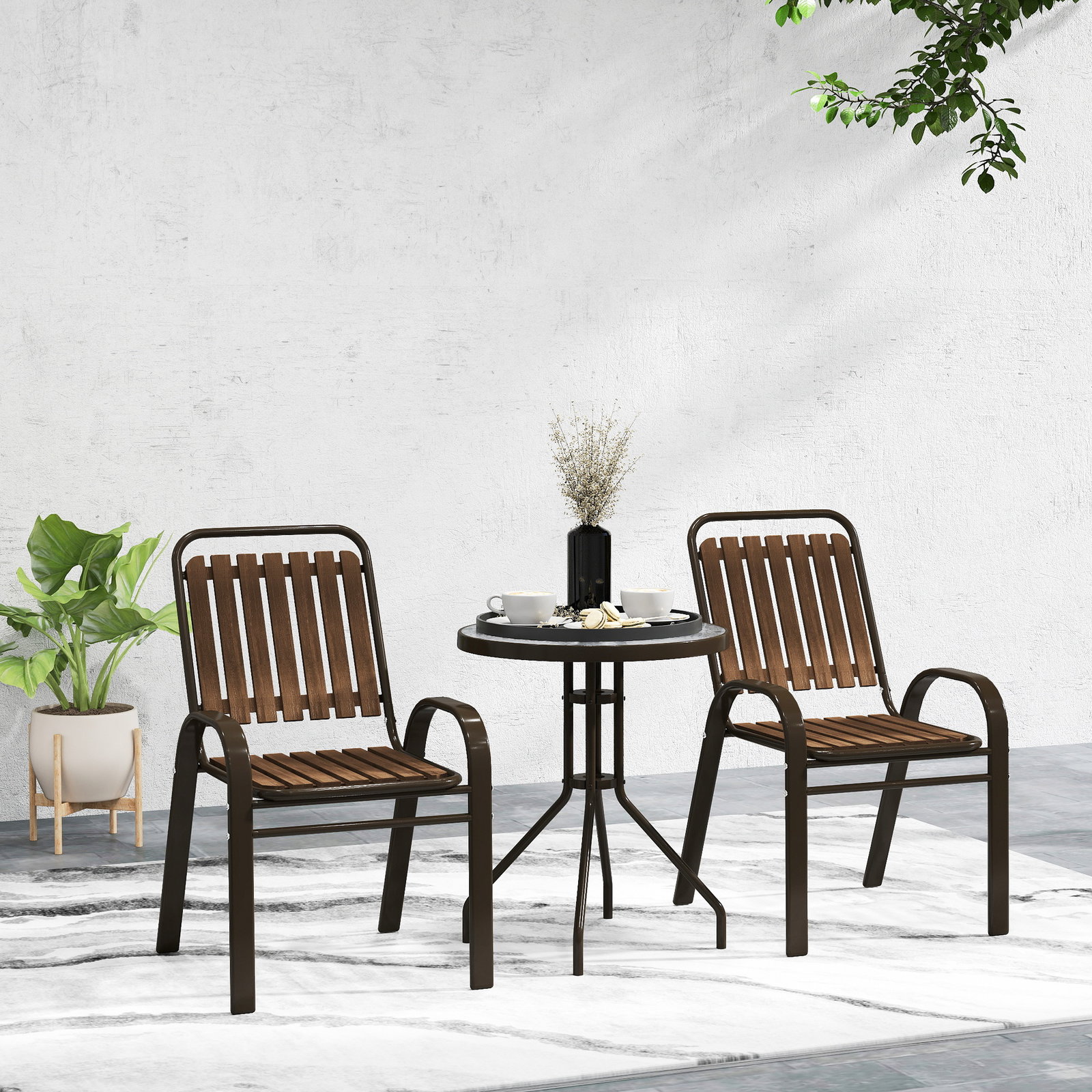 Conjunto de jardim de 3 peças com 2 cadeiras empilháveis mesa com bancada de vidro temperado marrom escuro
