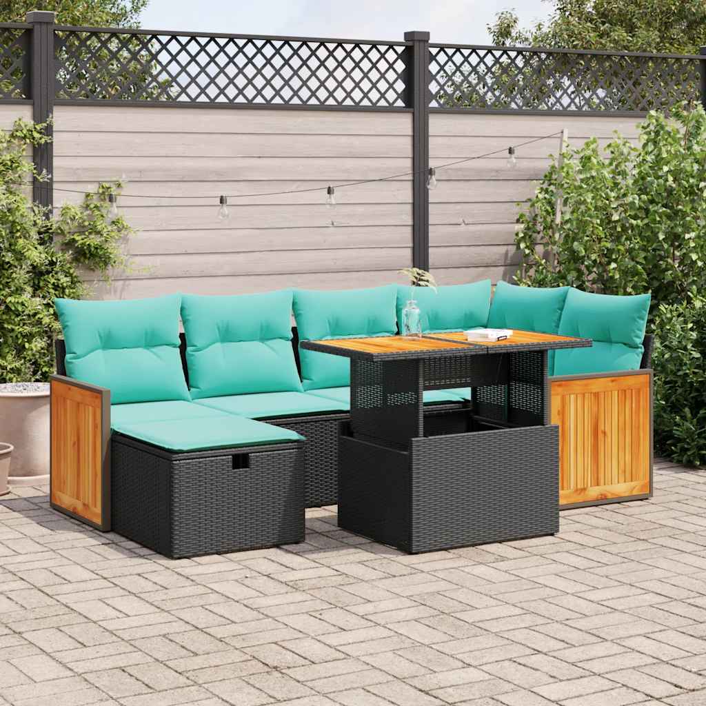 7 Pcs conj. sofás jardim c/ almofadões vime PE/acácia castanho
