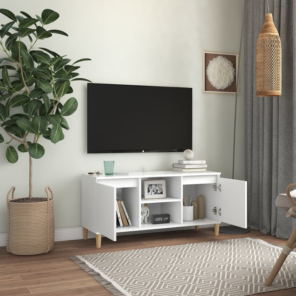 Móvel de TV c/ pernas de madeira maciça 103,5x35x50 cm branco
