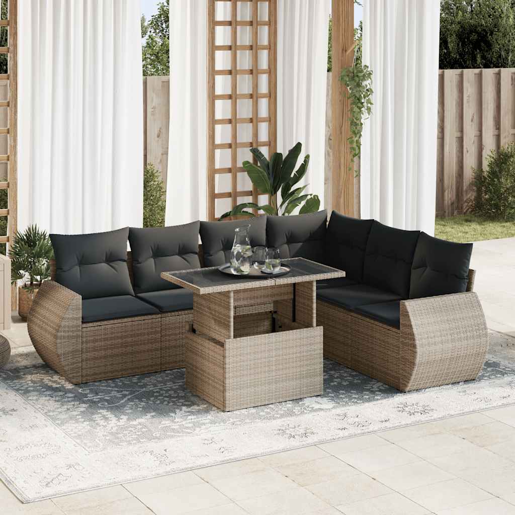 7 Pcs conjunto sofás p/ jardim c/ almofadões vime PE cinzento