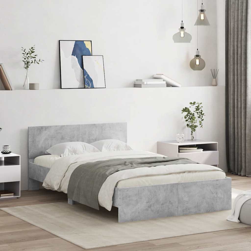 Estrutura cama cabeceira e luzes LED 140x190cm cinzento cimento