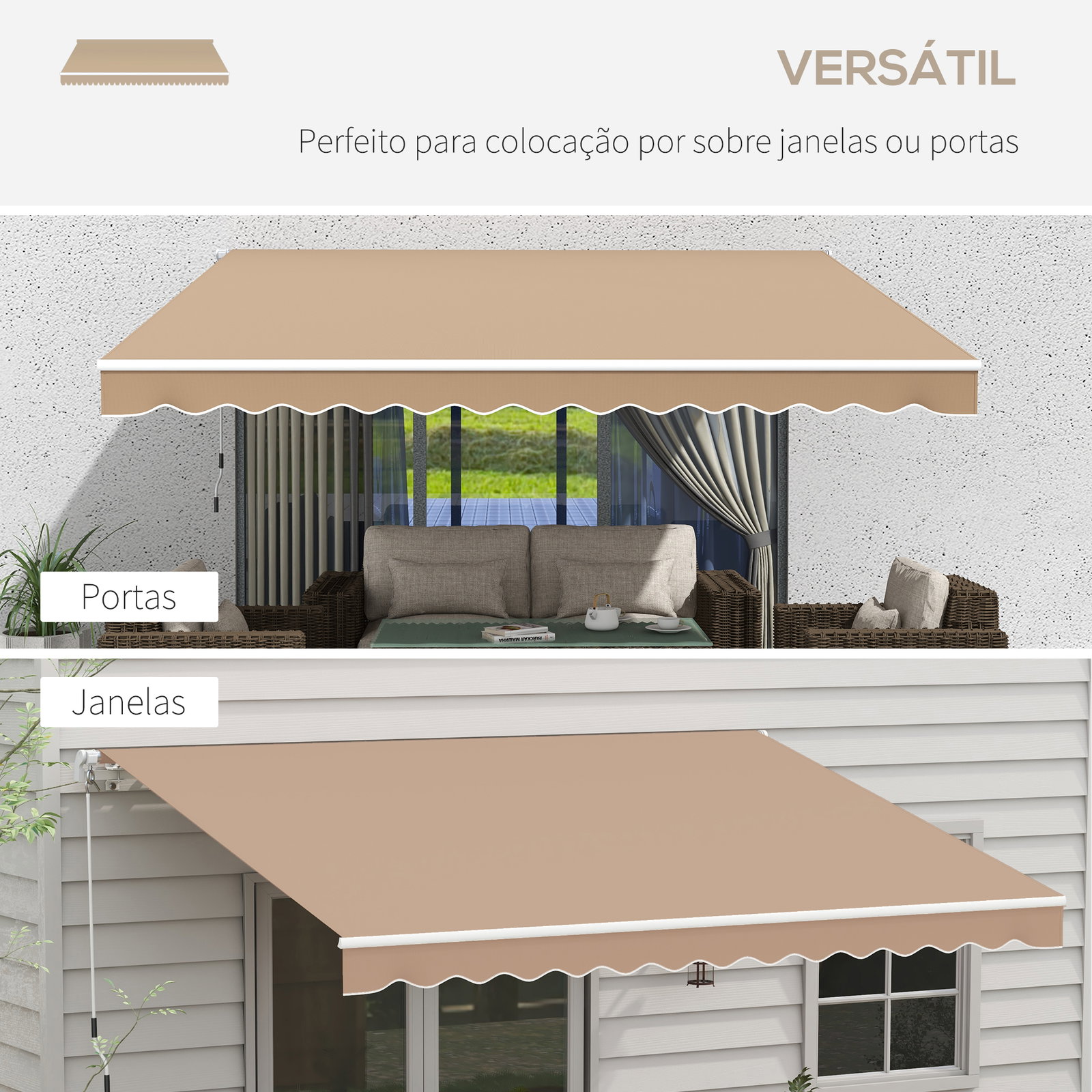 Toldo manual retrátil 350x250 cm para varanda com manivela de metal impermeável e anti-UV para jardim janelas marróm