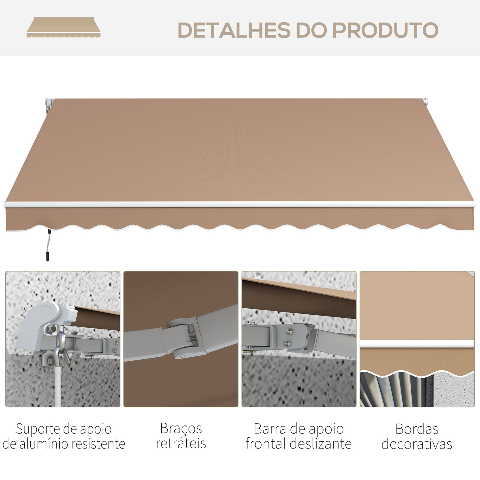 Toldo manual retrátil 350x250 cm para varanda com manivela de metal impermeável e anti-UV para jardim janelas marróm