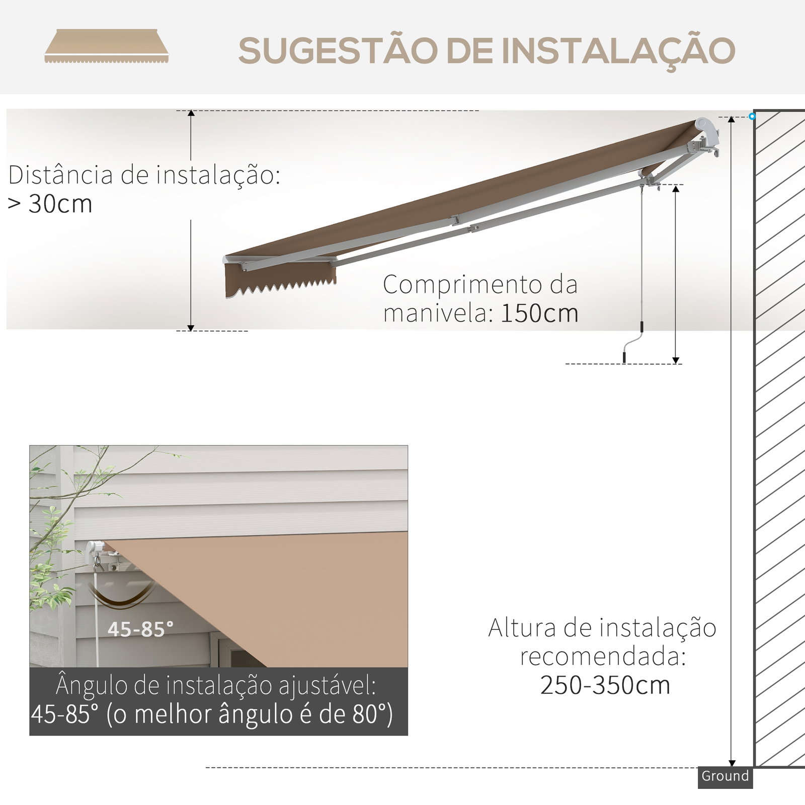 Toldo manual retrátil 350x250 cm para varanda com manivela de metal impermeável e anti-UV para jardim janelas marróm