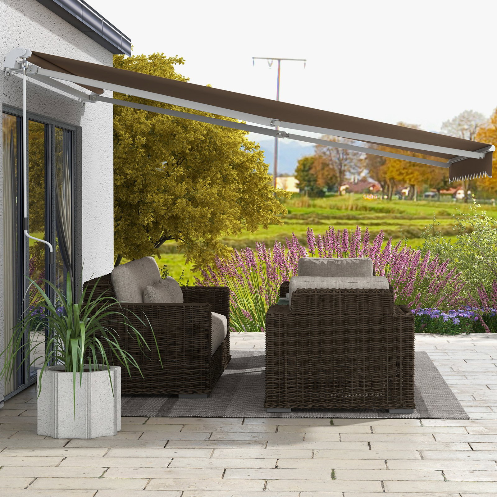 Toldo manual retrátil 350x250 cm para varanda com manivela de metal impermeável e anti-UV para jardim janelas marróm