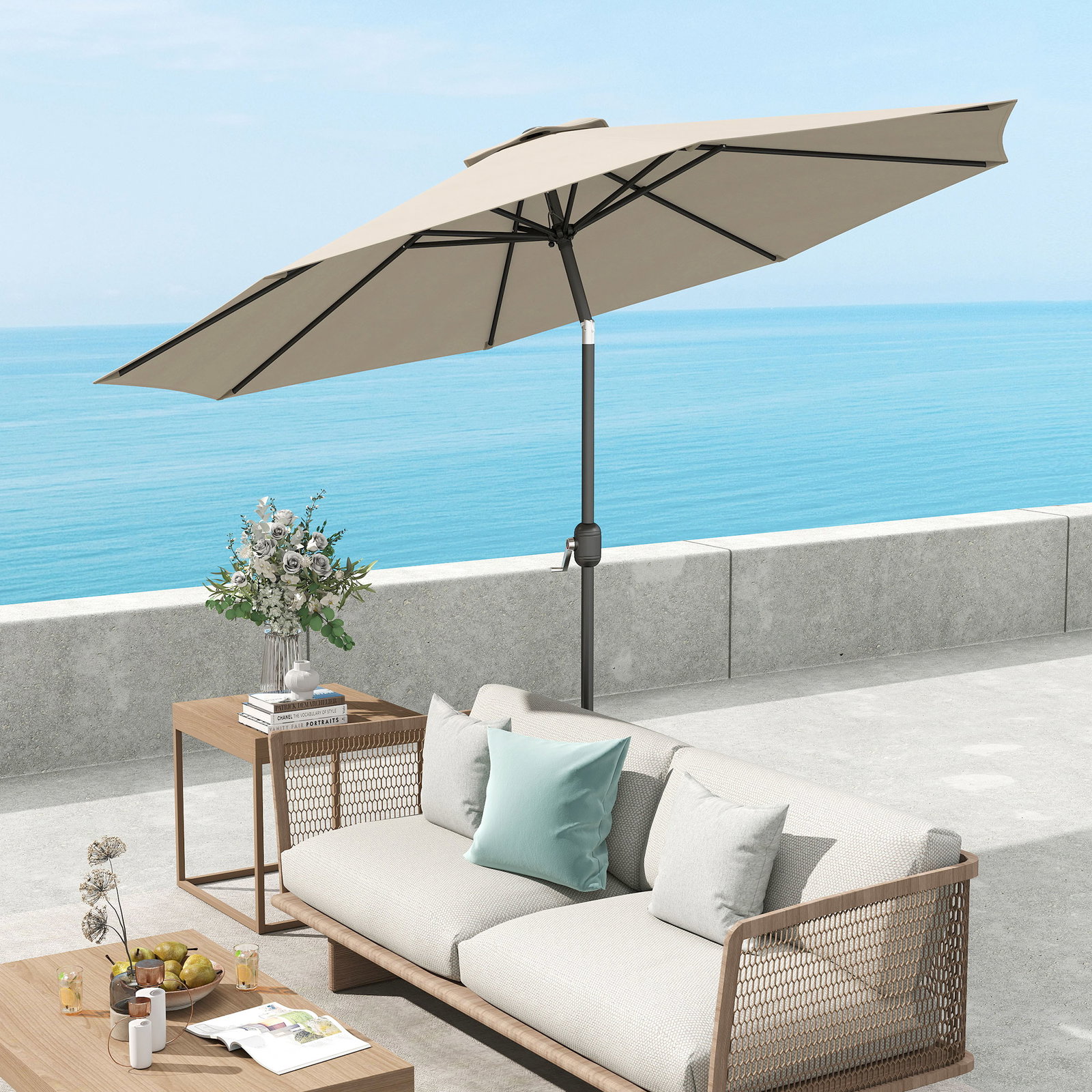 Chapéu de sol de jardim ø295x250 cm com manivela chapéu de sol exterior com mecanismo de inclinação e mastro desmontável de metal para terraço piscina pátio cinza