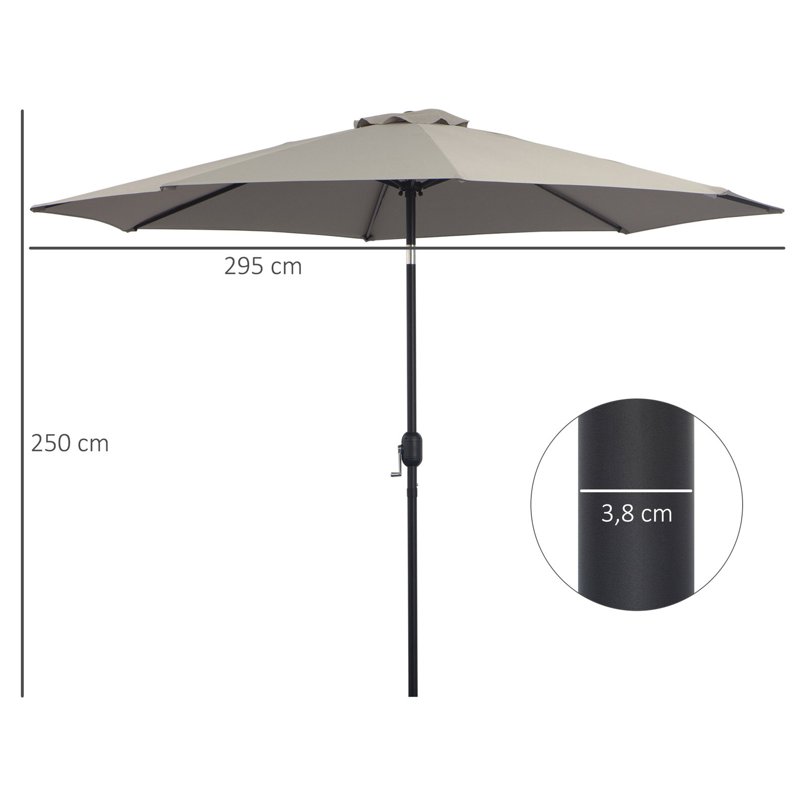 Chapéu de sol de jardim ø295x250 cm com manivela chapéu de sol exterior com mecanismo de inclinação e mastro desmontável de metal para terraço piscina pátio cinza