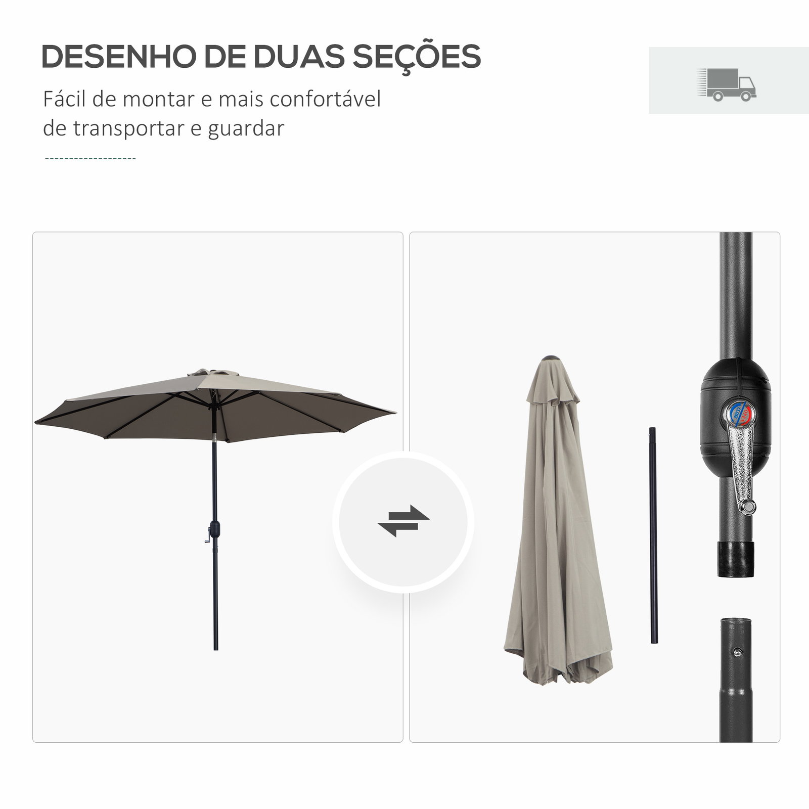 Chapéu de sol de jardim ø295x250 cm com manivela chapéu de sol exterior com mecanismo de inclinação e mastro desmontável de metal para terraço piscina pátio cinza