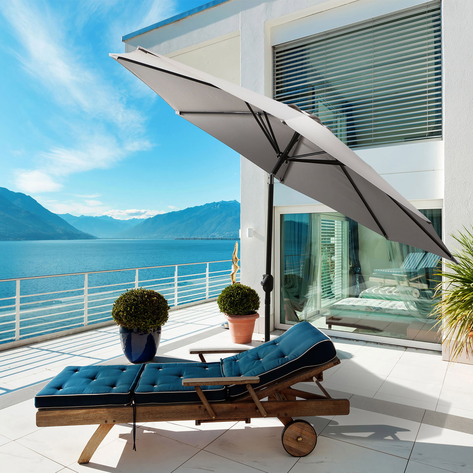 Chapéu de sol de jardim ø295x250 cm com manivela chapéu de sol exterior com mecanismo de inclinação e mastro desmontável de metal para terraço piscina pátio cinza