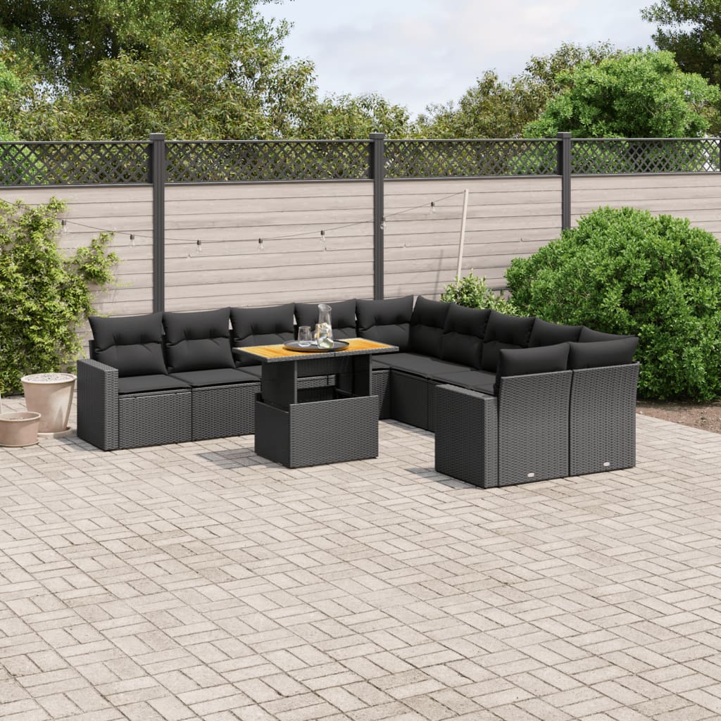 11 Pcs conjunto sofás de jardim c/ almofadões vime PE preto