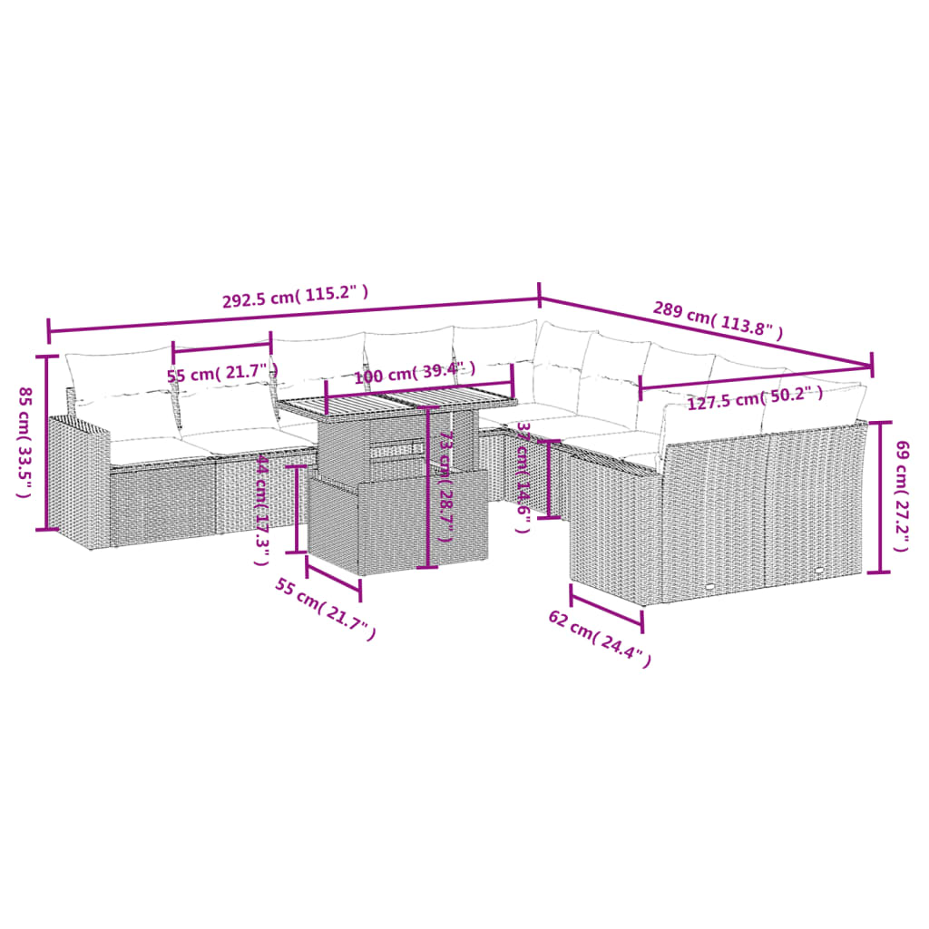 11 Pcs conjunto sofás de jardim c/ almofadões vime PE preto