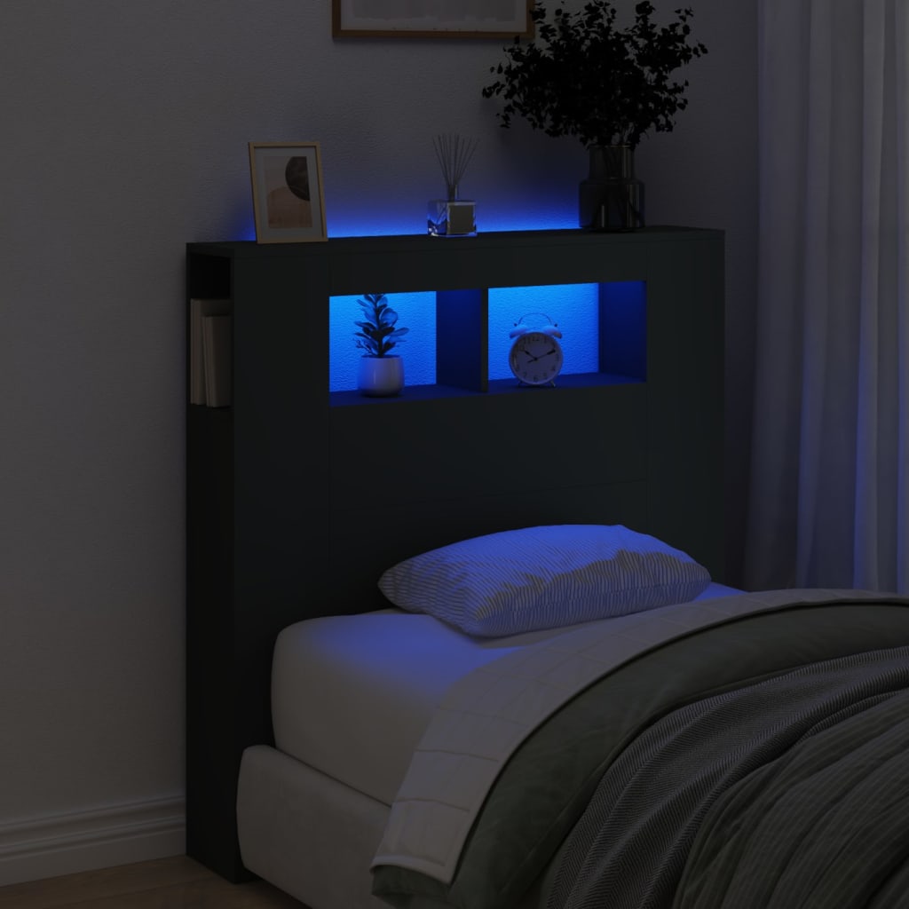Cabeceira cama c/ leds 100x18,5x103,5 cm deriv. madeira preto